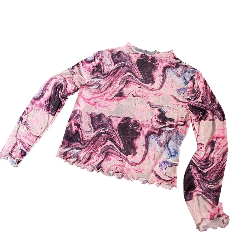 Pink Multicolor Marble Print Blouse: Y2K, Modern